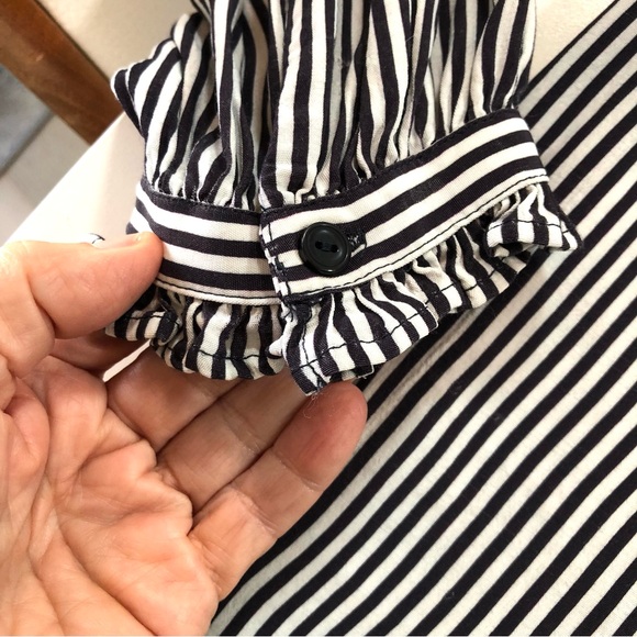 Something Navy Two Stripe Long Sleeve Blouse Ruffle Cuffs Button Front Women’s M - Picture 6 of 13